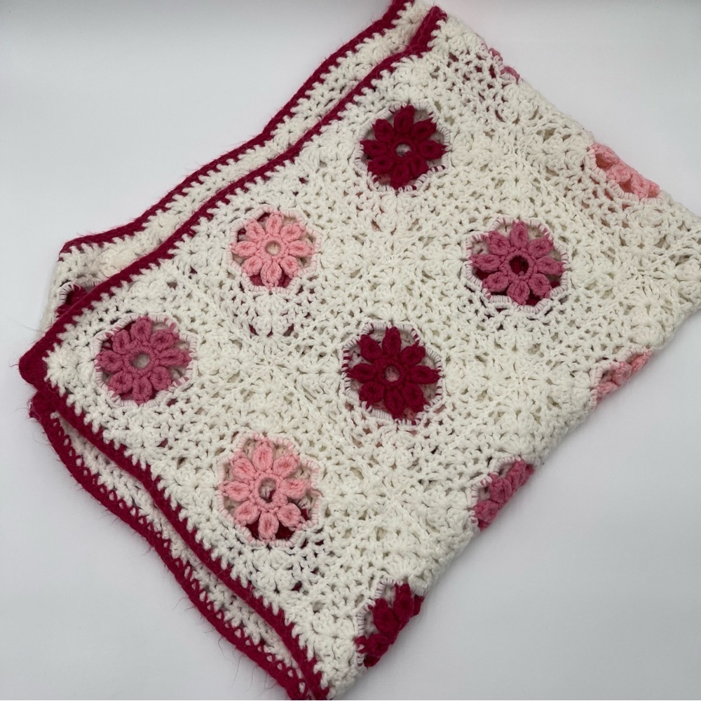 Hand Crocheted Throw Blanket Granny Squares 46x34 Baby Lap Afghan Pink
